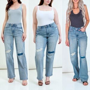 Judy Blue High Rise Medium Wash Distressed Straight Leg Jeans with Knee Patches